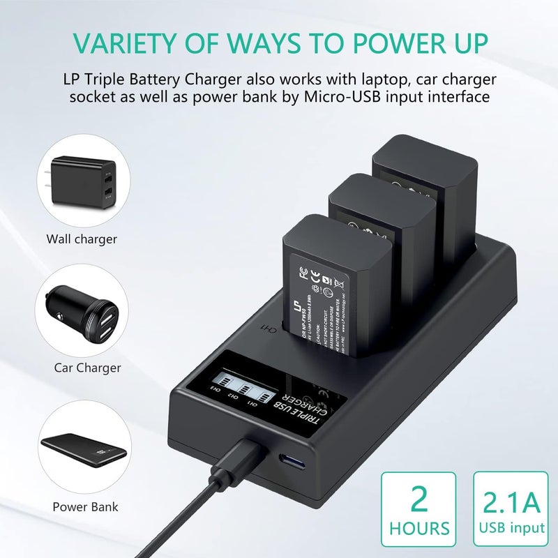 L & P NP-FW50 Battery Charger Pack, 3-Pack 1200mAh Battery & Triple Slot Charger for Alpha A5000, A5100, A6000, A6100, A6300, A6400, A6500, A7, A7II, A7R, A7RII, A7S, A7SII, RX10, RX10III, RX10IV, EV-10 - Image 3